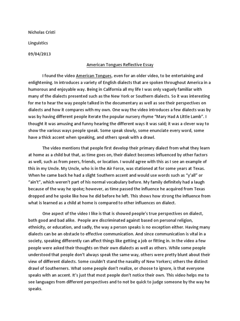 American Tongues Reflective Essay | PDF | Dialect | Accent ...