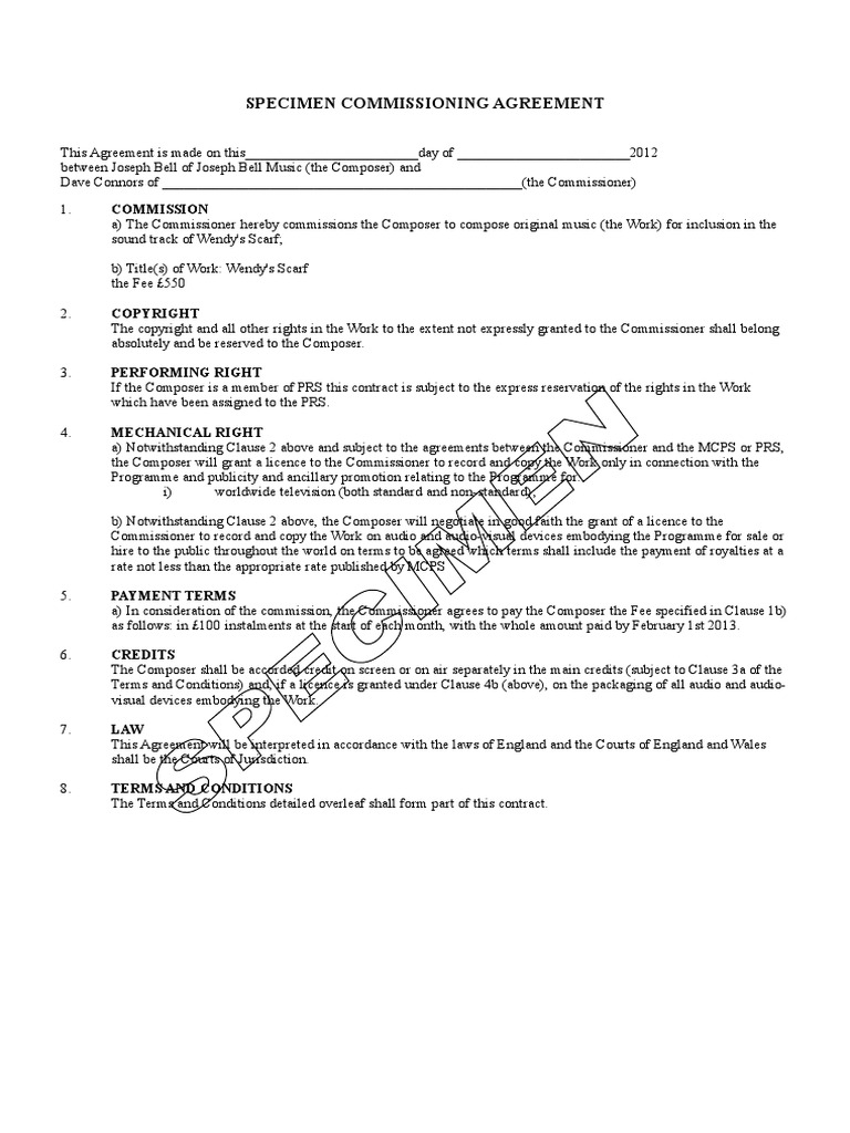 Specimen Commissioning Agreement Commission PDF Assignment (Law