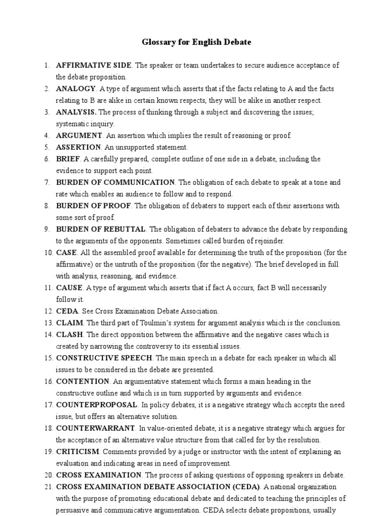 Debate Terminology Glossary | PDF | Argument | Evidence
