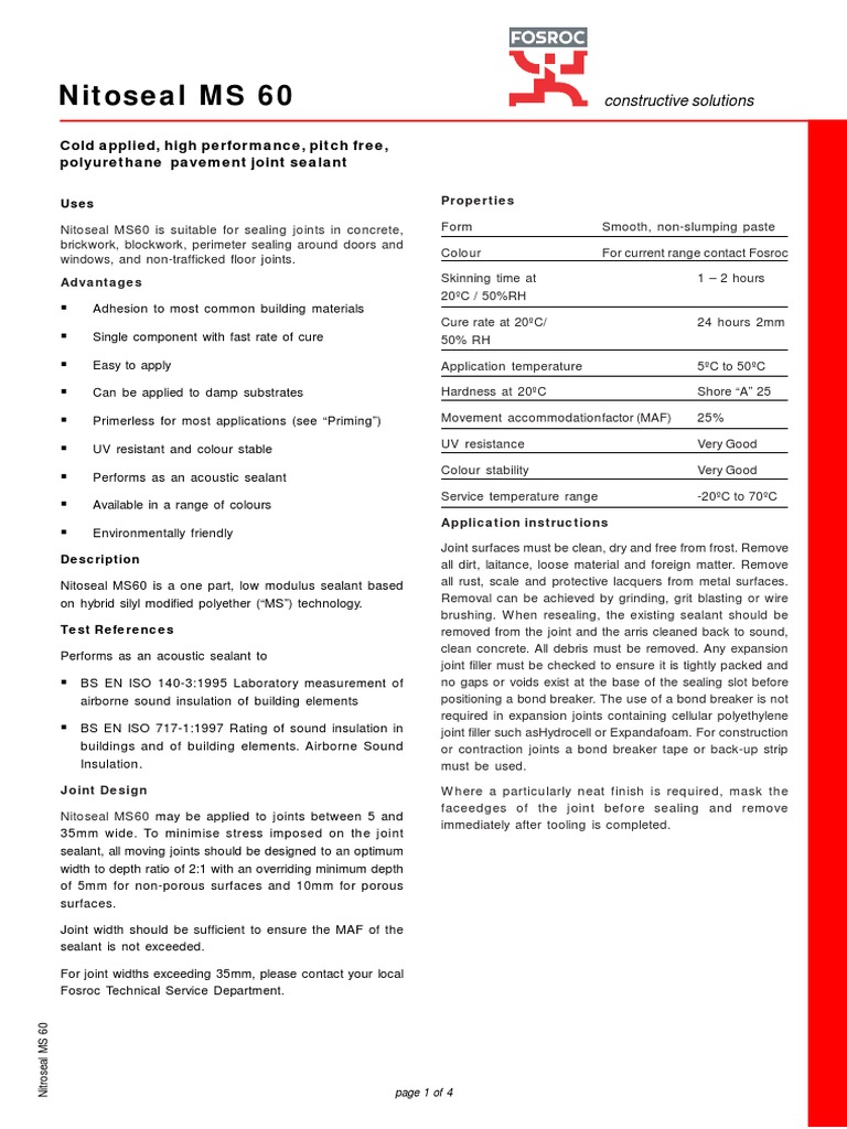 Nitoseal MS 60 Cold Applied, High Performance, Pitch Free