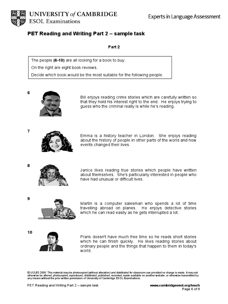 PET Reading and Writing Part 2 Sample Task Page 6 of 8 PDF