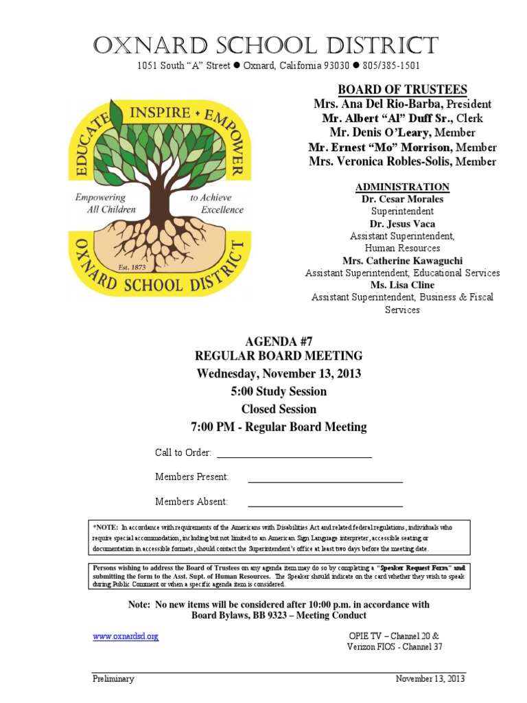 Oxnard School District - Nov. 13 | PDF | Ratification | Board Of Directors