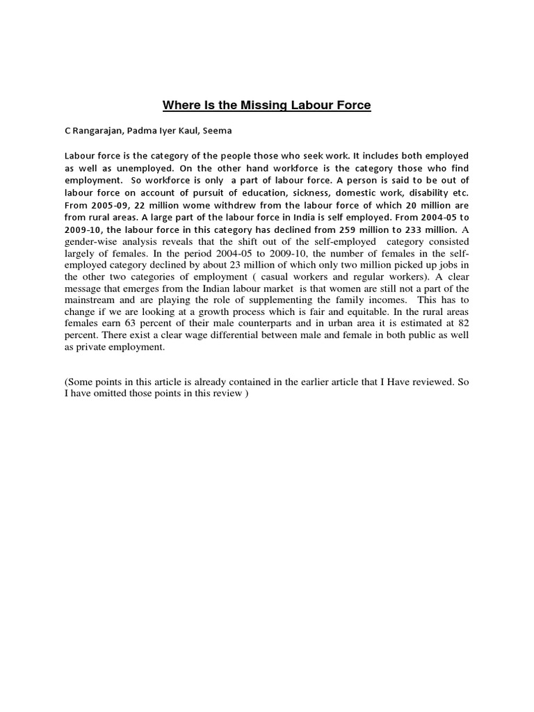 Missing Labour Force in India: Gender Disparities | PDF
