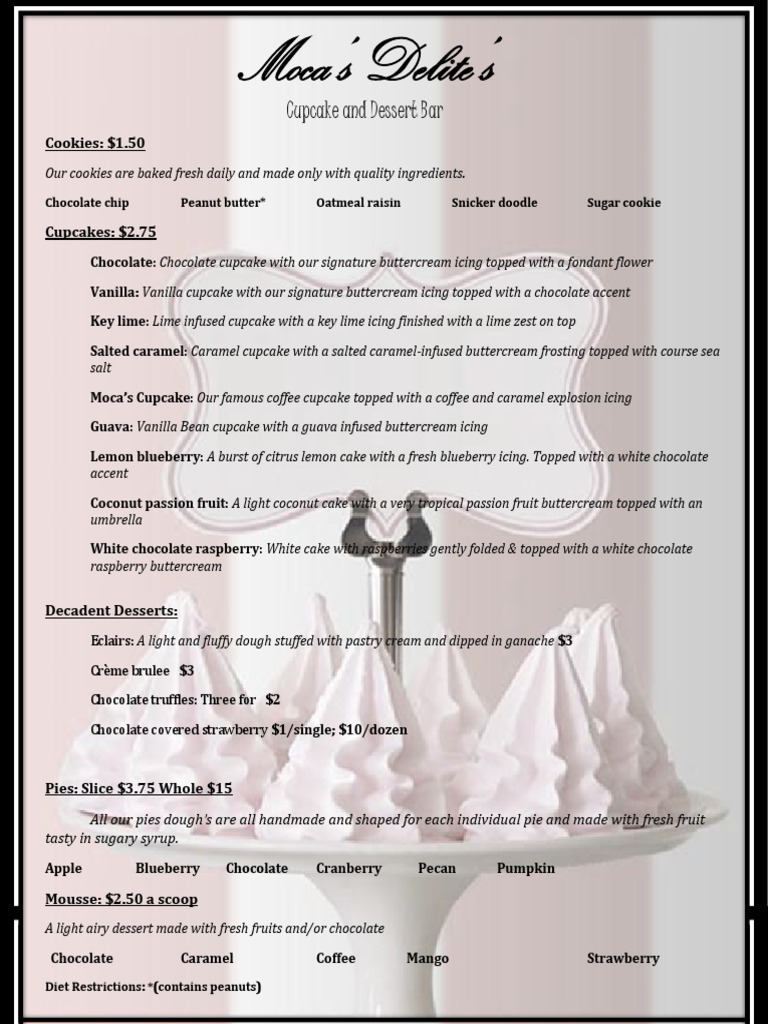 Moca Bakery Delites Menu Overview | PDF | Desserts | Cakes