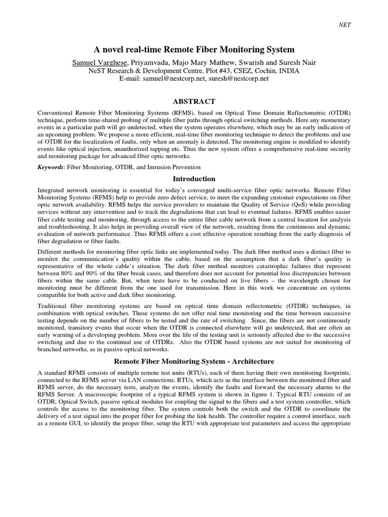 Real-Time Remote Fiber Monitoring System | PDF | Optical Fiber ...