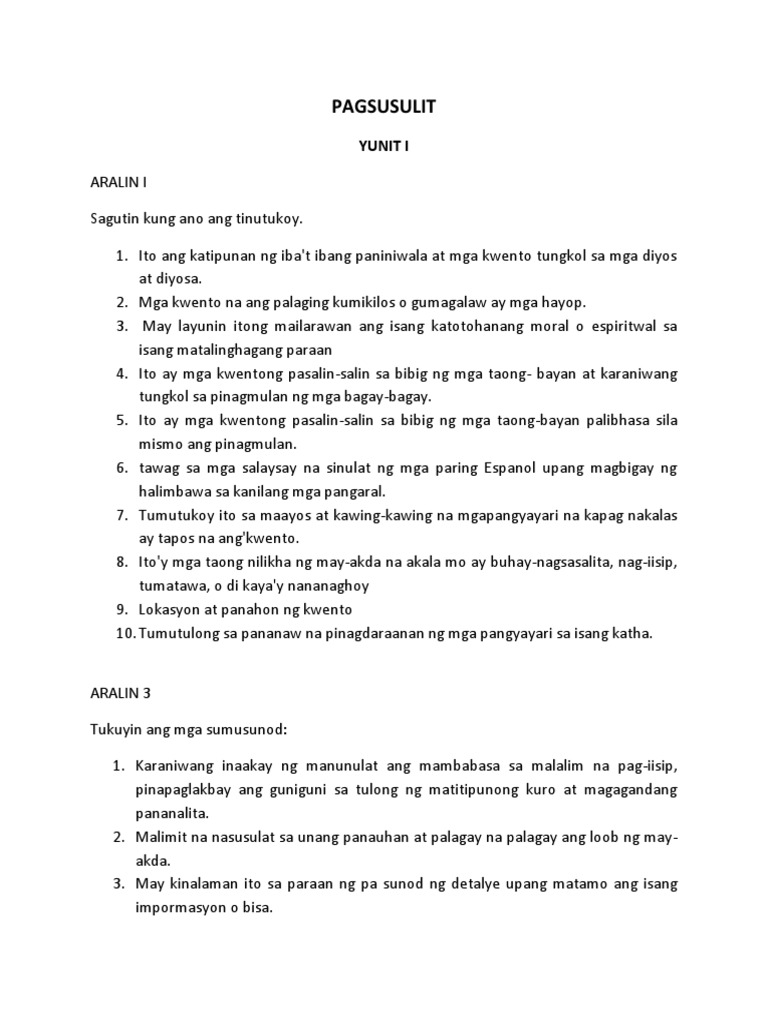 PAGSUSULIT With Answer Key | PDF
