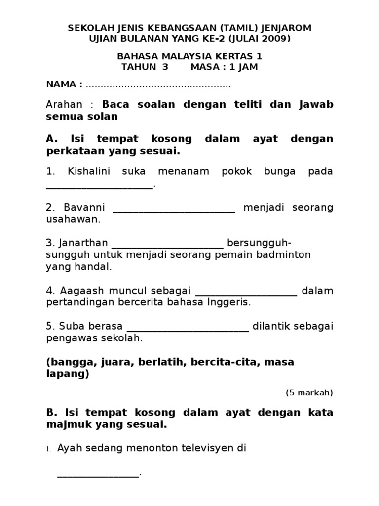 soalan bahasa melayu tahun 3 2019 Joshua Berry