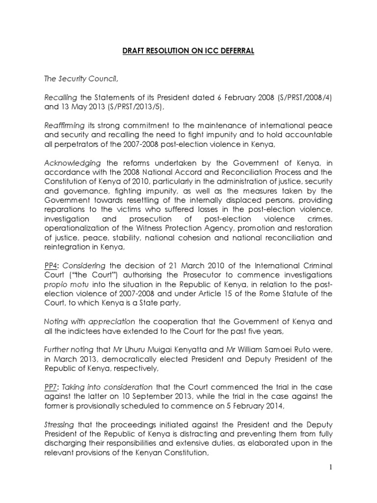 Draft Resolution On ICC Deferral Nov 12 2013 | PDF | International ...
