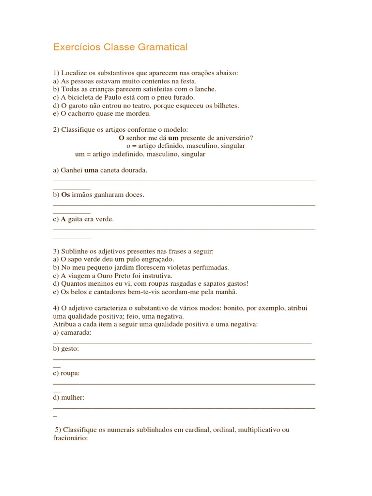 Exercícios de Classe Gramatical 7º Ano | PDF | Relações sintáticas ...