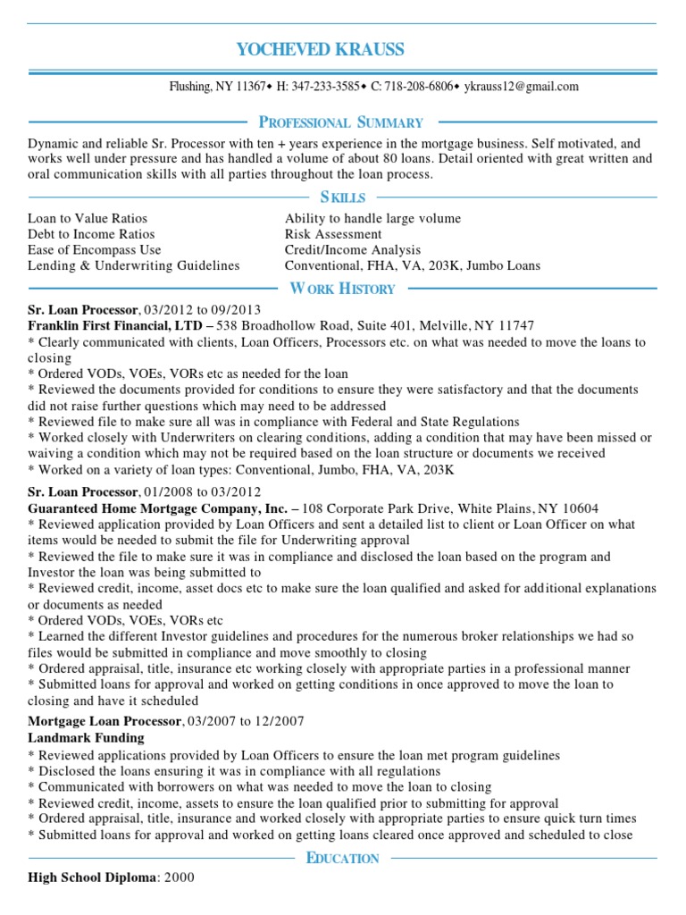 Senior Mortgage Loan Processor in NYC Resume Yocheved Krauss Loans