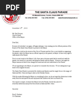 Letter from Santa Claus Parade co-chair