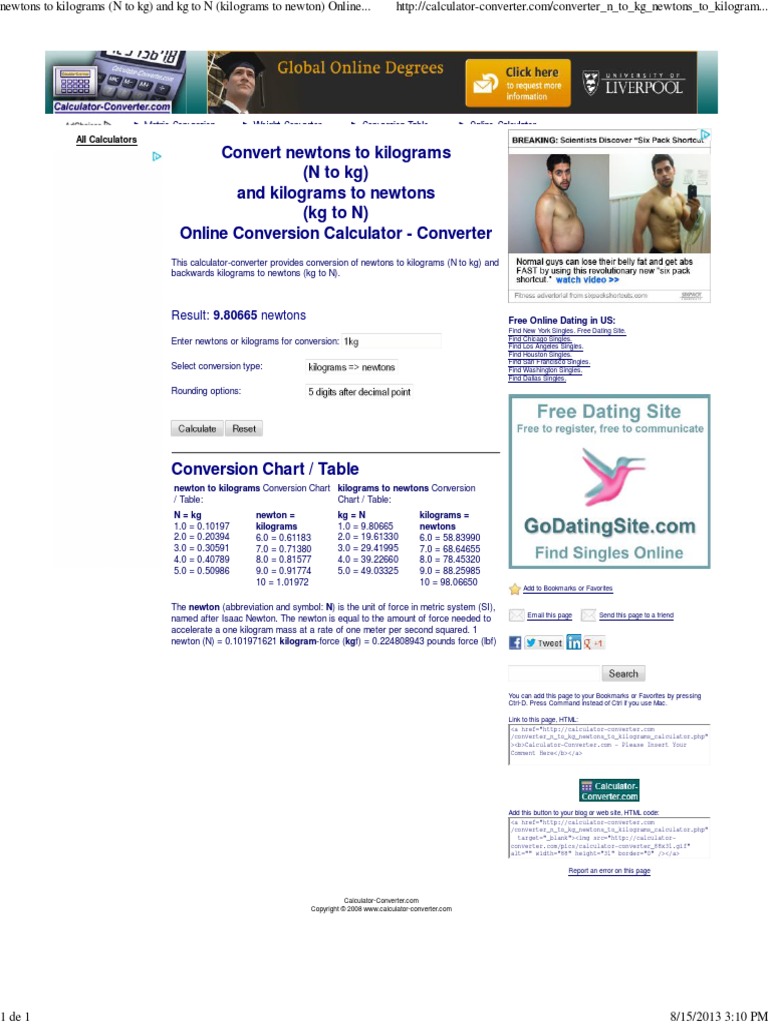 Newtons To Kilograms (N To KG) and KG To N (Kilograms To Newton) Online