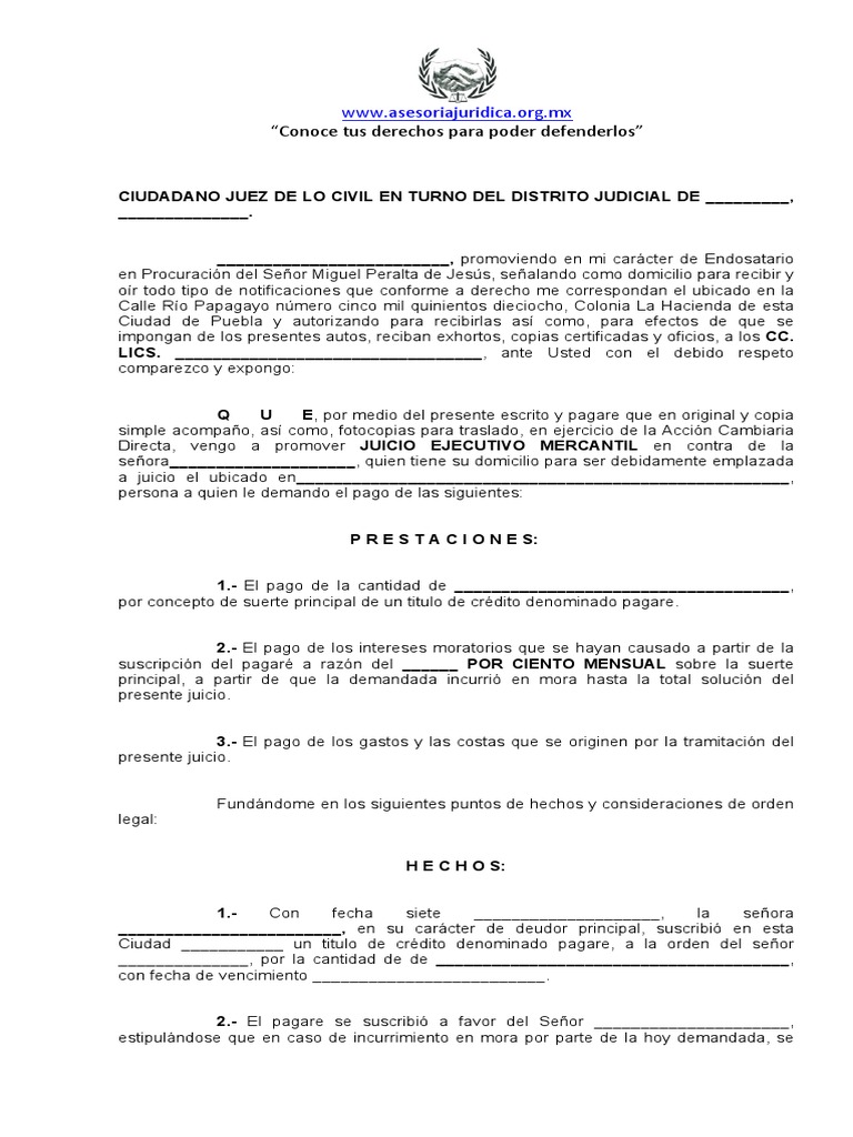 Formato Juicio Ejecutivo Mercantil Demanda judicial