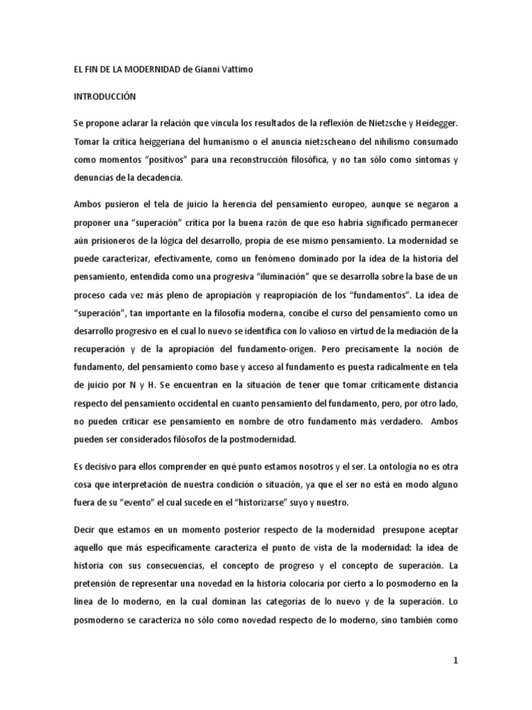 Resumen El Fin de La Modernidad (VATTIMO) PDF Verdad Esencia