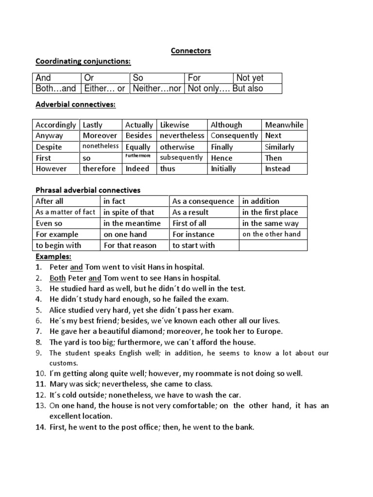 English Connectors and Conjunctions Guide | PDF