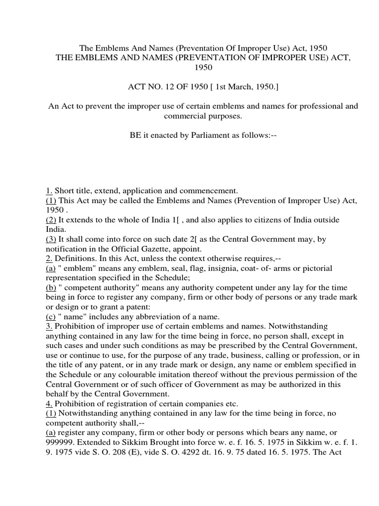 The Emblems and Names Act 1950 PDF Trademark Constitutional Law