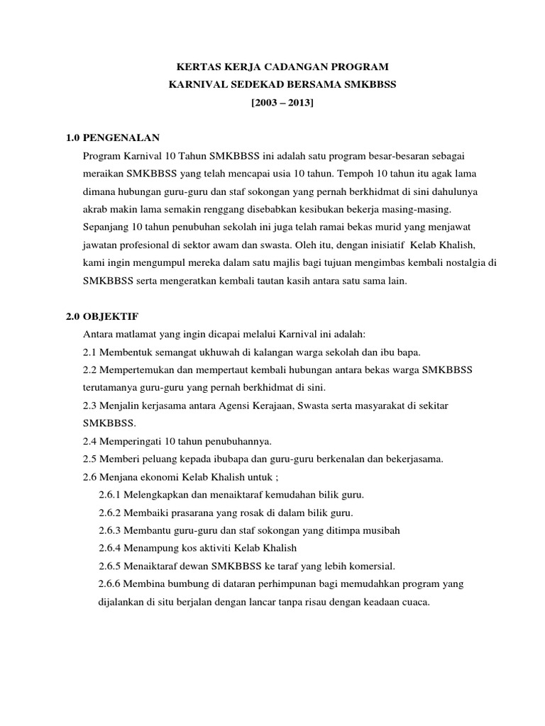 Kertas Kerja Sambutan Genap 10tahun Smkbbss Pdf