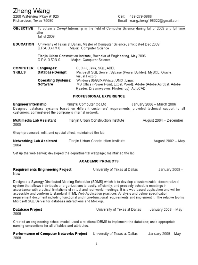 Computer Science Internship Resume | PDF | Computer Network | Databases