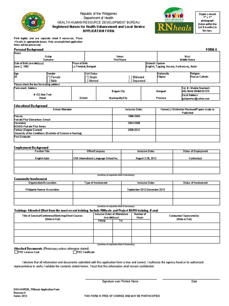 RNheals Application Form 2012 | PDF | Philippines | Nursing
