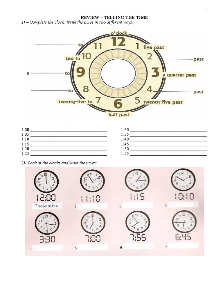 1) Complete The Clock. Write The Times in Two Different Ways PDF
