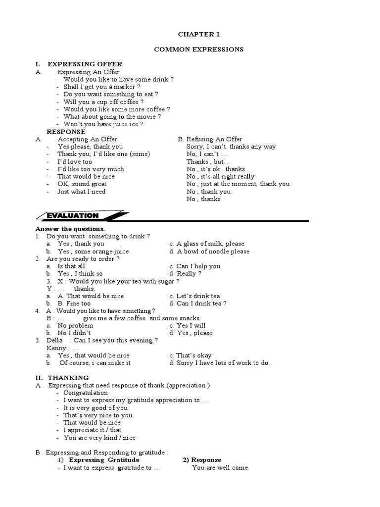 Common Expressions for Offers and Greetings | PDF | Beverages | Leisure
