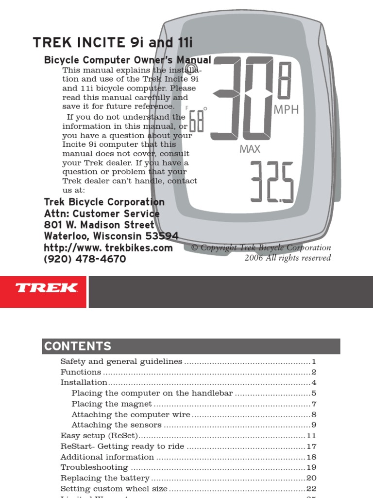 TREK INCITE 9i and 11i: Bicycle Computer Owner’s Manual