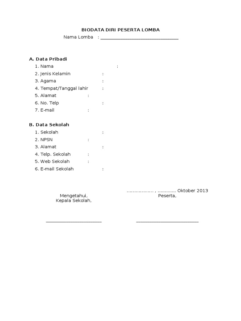 Biodata Peserta Lomba Siswa