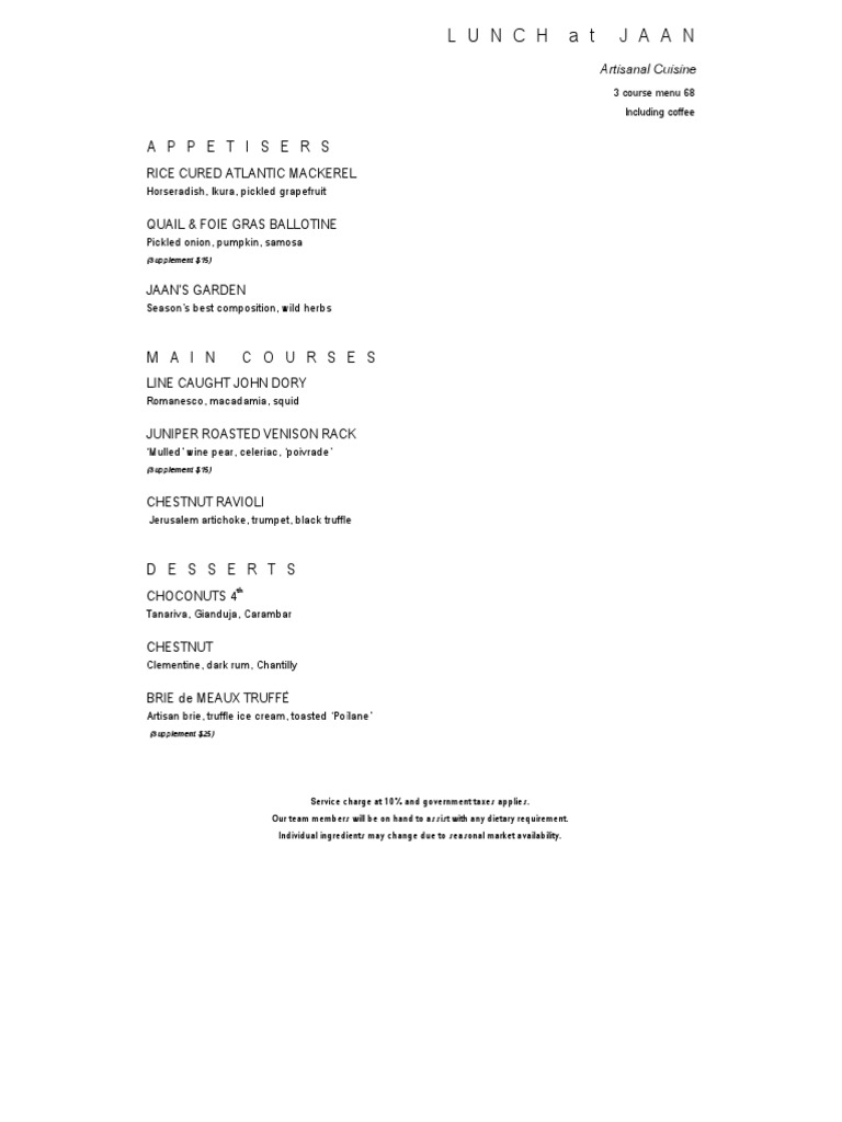 Jaan Restaurant Lunch Menu Overview | PDF | Eating Behaviors Of Humans ...