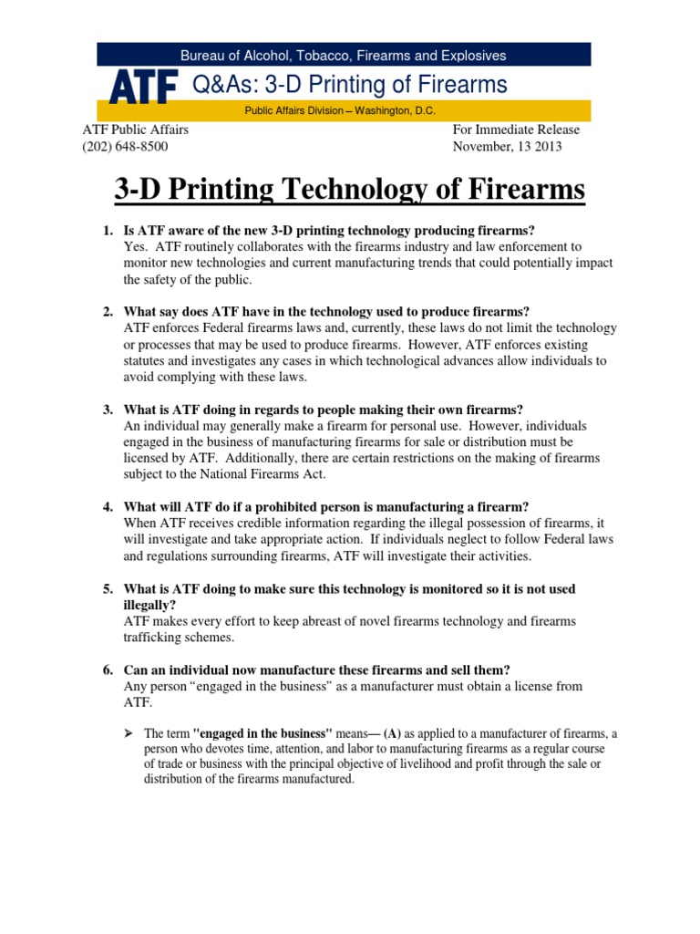 ATF-3D-printed Gun FAQ | PDF | Bureau Of Alcohol | Firearm Laws