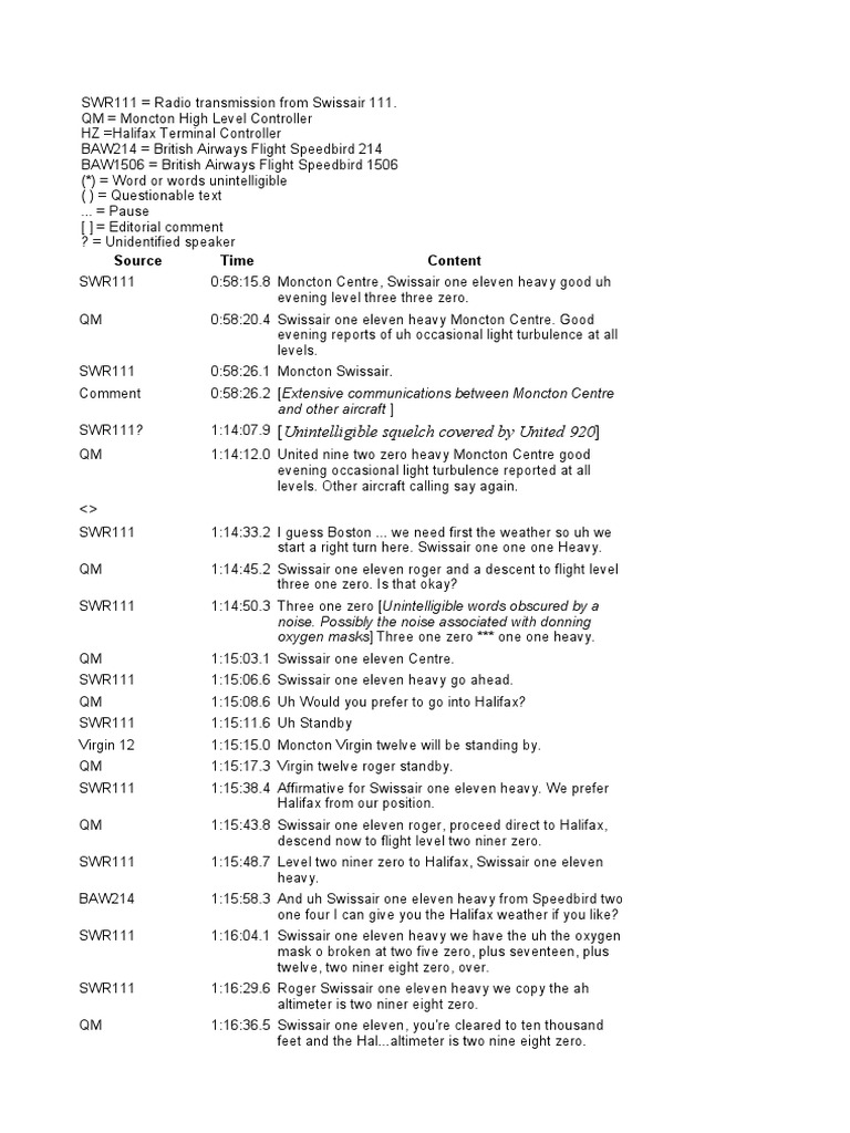Swissair 111 Emergency Communication Transcript | PDF | Airlines ...