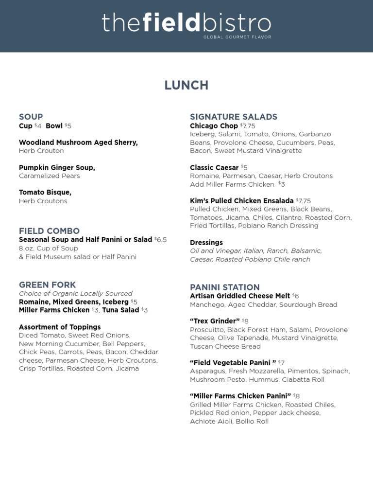 Field Bistro Menu Highlights | PDF | Salad | Western Cuisine