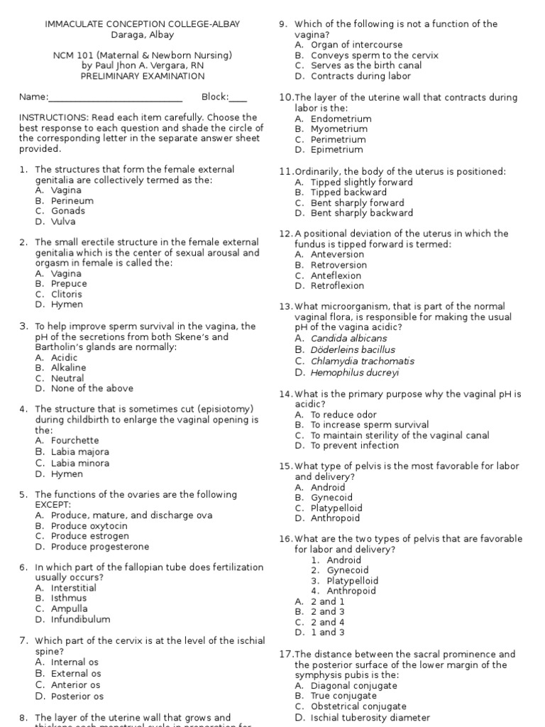 Maternal Newborn Nursing Exam Pdf Vagina Placenta