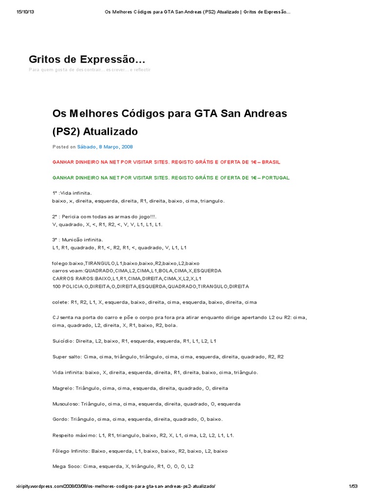Os Melhores Códigos para GTA San Andreas (PS2) Atualizado _ Gritos de Expressão Tráfego