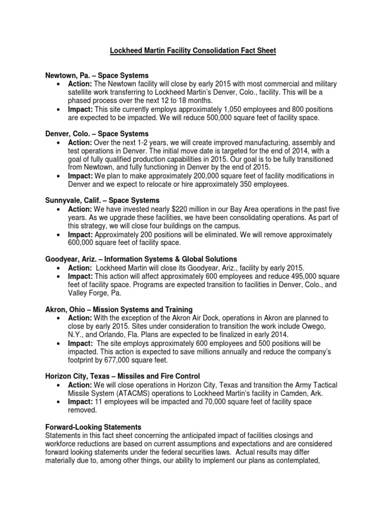 Lockheed Martin Facility Closures Overview | PDF | Lockheed Martin ...