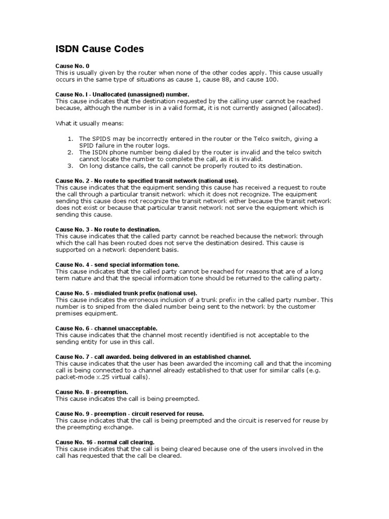 ISDN Cause Codes PDF | PDF | Telephone Number | Computer Network