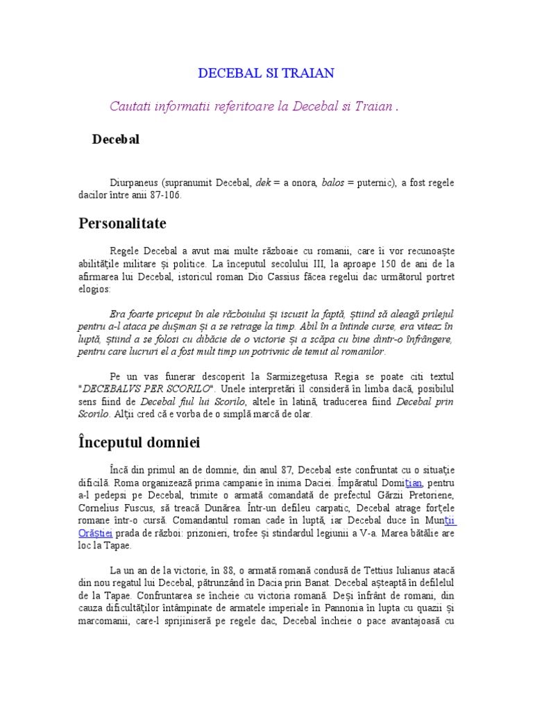 Decebal Si Traian Referat Istorie
