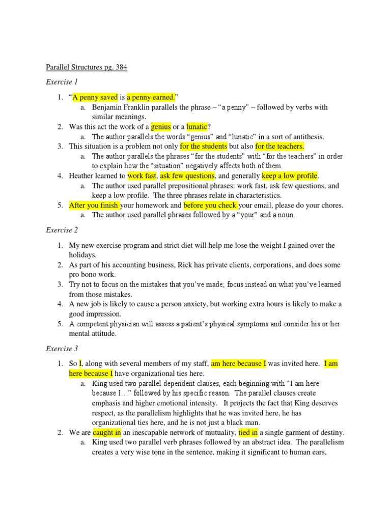 Parallel Structures  Phrase  Clause Regarding Parallel Structure Worksheet With Answers