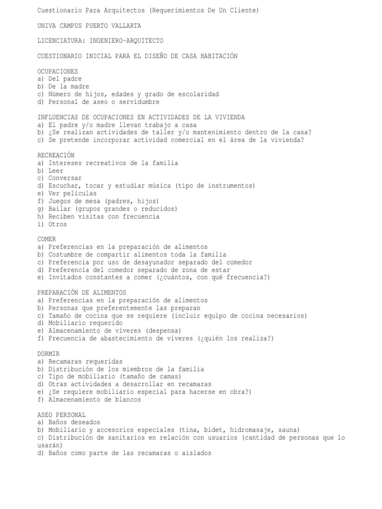 Cuestionario Para Arquitectos (Requerimientos De Un Cliente).pdf Cocina Alimentos
