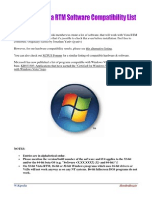 Windows Vista Rtm Software Compatibility List Pdf Antivirus Software Windows Vista