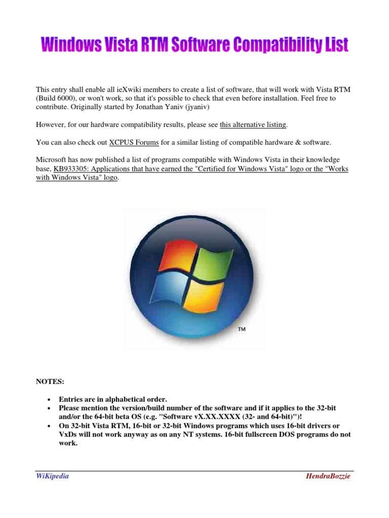 Windows Vista Rtm Software Compatibility List Antivirus Software Windows Vista