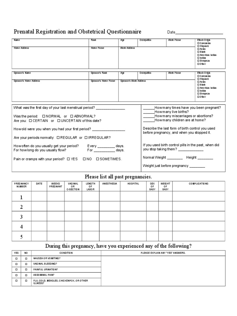 Prenatal Registration Questionnaire | PDF | Language Arts & Discipline ...
