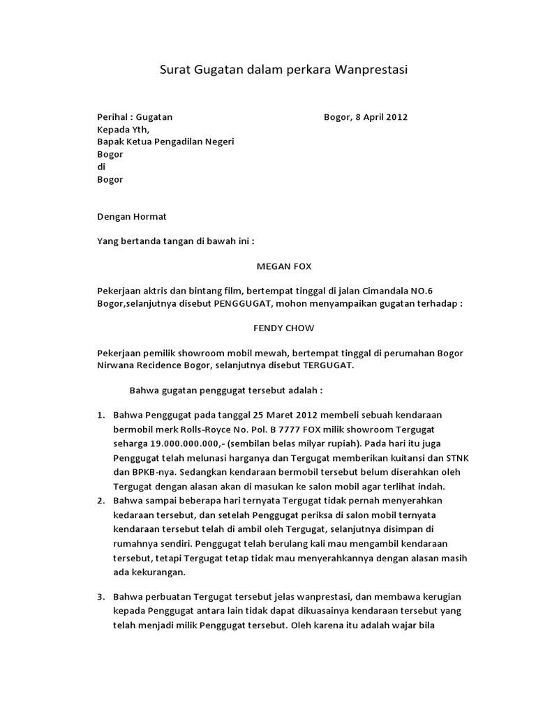 Surat Gugatan Dalam Perkara Wanprestasi Docx