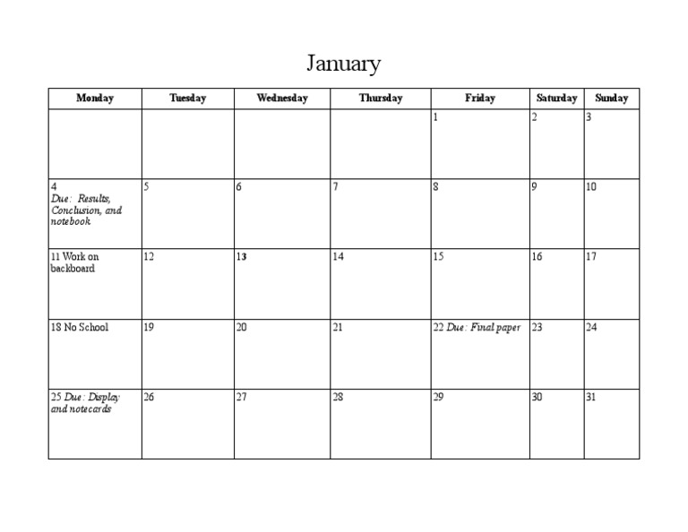 January Assignment Calendar | PDF