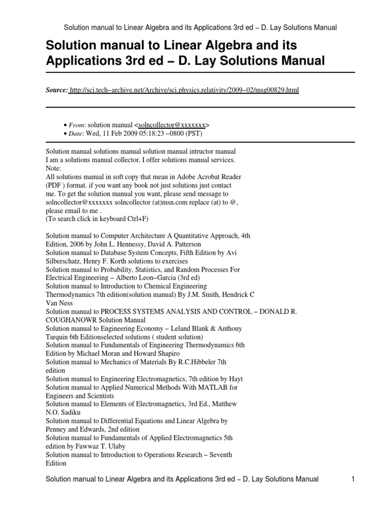 Solution Manual To Linear Algebra and Its Applications 3rd Ed D. Lay ...