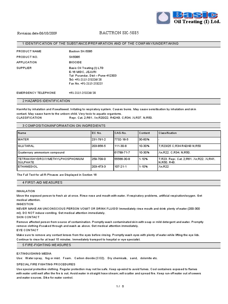 Biocide MSDS Personal Protective Equipment Firefighting