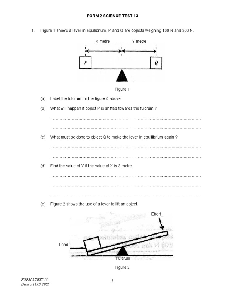 Form 2 Science Test on Levers and Forces | PDF | Lever | Mechanical ...