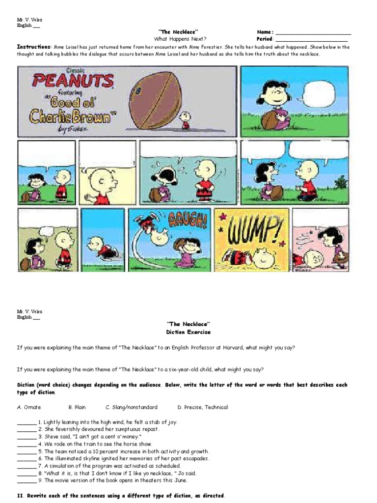 3 the necklace comic strip and diction worksheet