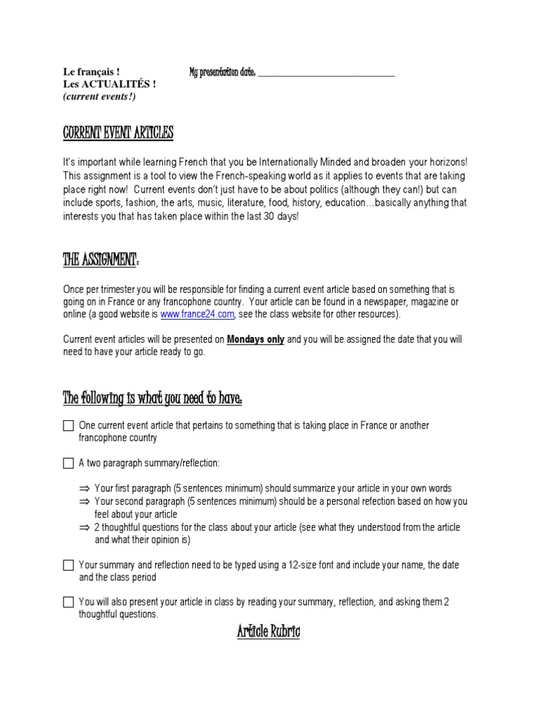Current Events Assignment in French | PDF