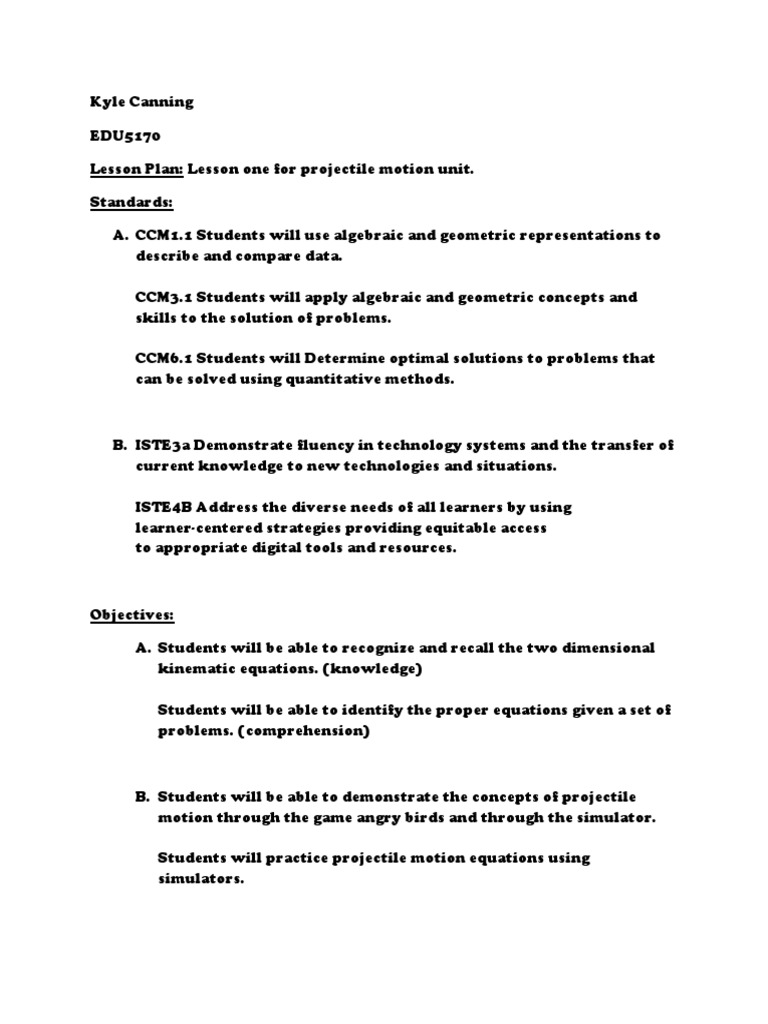 Projectile Motion Homework Lesson Plan