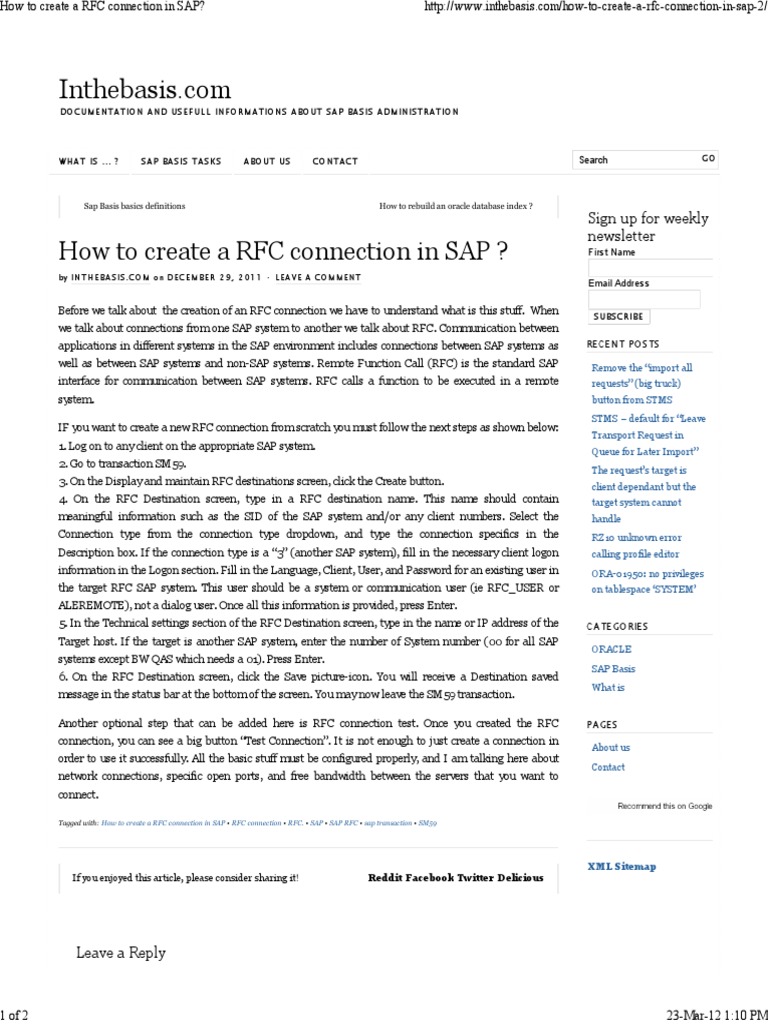Create A RFC Connection in SAP PDF Port Networking